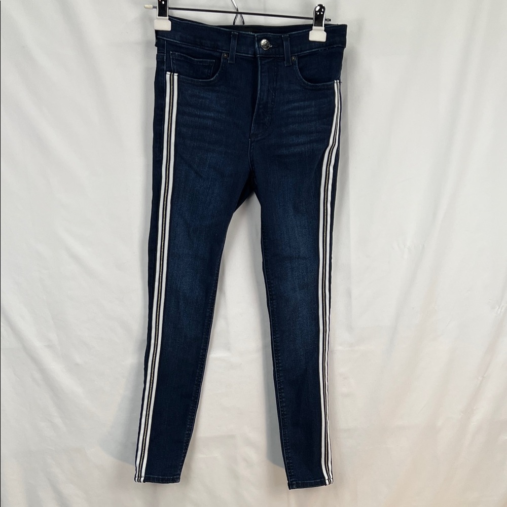 Express - Women’s Jeans - Size 0 R - Dark Blue - Striping (White, Gold), Skinny